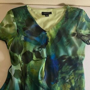 R & M Richards Green and Blue Floral V-Neck Dress